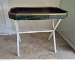 Vintage, mesa bar em madeira revestida de acrilico borda em metal sore pés de cavalete em "X"  medindo 85 cm de altura por 101 cm por 66 cm, retirada em local térreo em condominio na Av das Américas altura do Riviera del Fiori.