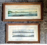 Duas reproduçoes de gravuras com vistas da entrada da Bahia de Guanabara medida interna 25 cm por 87 cm e 25 cm por 66 cm e total emoldurada e envidraçada 49 cm por 111 cm e 52 cm por 94 cm, "portal" a ultima com vidro partido retirada em local térreo em condominio na Av das Américas altura do Riviera del Fiori.