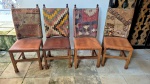Quatro cadeiras madeira nobre com assento e encosto em couro  tacheados, encosto com capa de KILim  removivel, 105 cm de altura no encosto por 50 cm por 45 cm, três delas com assento de couro trocado, deve ser retirada por transportadora na Rua Piratininga - gávea RJ.