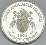 Rarissima Moeda das Ilhas Turcas e Caicos - 20 Coroas 1993 - Prata 0.999 - 1 Oz - 31.1g - 38.6mm - Proof - Comemorativa 40º aniversario da Ascensão da Rainha Elizabeth II - Na Capsula
