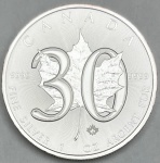 Moeda do Canadá - 5 Dolares 2013 - Prata 0.999 - 1 Oz - 31.1g - 38.6mm - Proof - Comemorativa - 30º Aniversário - Moedas de Prata Folha de bordo - Na Capsula