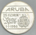 Moeda de Aruba - 25 Florin 1986 - Prata 0.925 - 25.0g - 38.0mm - Proof - Comemorativa da Independência - Apenas 10.250 unidades - Na Capsula"