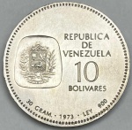 Moeda da Venezuela - 10 Bolivares 1973 - Prata 0.900  30.0g - 39.0mm - Proof - Comemorativa 100 Aniversário - Rara - Na Cápsula