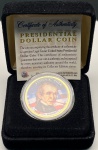Estados Unidos - Estojo com a Moeda Fantasia de 1 Dollar Colorida da Série Presidentes - 11º Presidente - James Polk - Com certificado da The Merrick Mint
