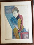 LINDA OBRA TECNICA MISTA  RETRATANDO UMA FIGURA HUMANA SENTADA EM ESTILO EPRESSIONISTA OU ABSTRATO , COM CORES VIBRANTES E CONTORNOS MARCADOS .ASSINATURA NO CANTO INFERIOR DIREITO MEDINDO 90 x 71