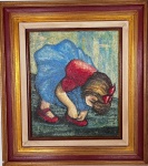 WEYTING" - TÍTULO: "ABOTOANDO O SAPATINHO" - TÉCNICA: OST - DIMENSÕES: 0,55 CM X 0,46; OBRA EXPOSTA NA GALERIA QUADRANTE RIO - 16 DE JUNHO DE 1974 - POSSUI CURRÍCULO - MEDIDA DA MOLDURA: 80 CM X 87 CM.