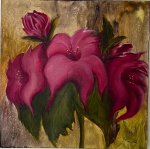 Linda pintura a óleo sobre tela que retrata flores grandes e vibrantes em tons de rosa e magenta sobre um fundo dourado e texturizado medindo 70 x70