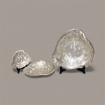 conjunto de 3 pratos de prata no formato de concha, que podem ser usados como fruteiras ou para decoração. Medindo a maior 30 de larg a menor 24 a pequena 16 de larg