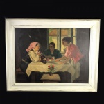 Óleo sobre tela com moldura na cor branca " SENHORA NA MESA " , assinatura no canto inferior direito não identificada , apresenta pequeno furo no lado esquerdo superior e desgaste próximo a vaso de flores ( 78 x58 cm / obra e 97 x 77 / com moldura )