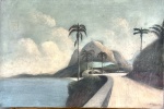 Panorâmica do Rio de Janeiro. Por sua beleza e qualidade, consideramos uma obra prima, este magnífico panorama iconográfico, que apresenta em primeiro plano o antigo caminho da avenida Niemeyer, originalmente aberto para ligar, por ferrovia, o bairro de Botafogo a Angra dos Reis na costa verde do Rio de Janeiro. A esquerda, o litoral da praia de São Conrado e ao fundo o relevo da Cordilheira da Tijuca, com parte do Morro Dois Irmãos, e a da Pedra da Gávea, uma das montanhas mais altas do mundo junto de margens oceânicas. Óleo sobre tela. Medidas: 38 x 55