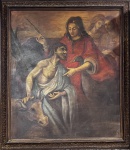 Antiga pintura sacra, em óleo sobre tela, representando " Figuras e Animais Recebendo Benção ". Riquíssima moldura entalhada à mão. ( pintura em bom estado, verso com reforço ) . Med. 122 x 90 cm e com moldura 141 x 121 cm
