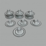 Dez xícaras para café com respectivos pires em fina porcelana branca chinesa, borda com decoração canetada em preto e dourado. Marcada no fundo ( RENNER )