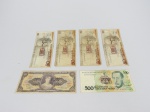Lote contendo 6 cédulas com carimbo. 50 cruzeiros, 50 cruzados novos e 500 cruzados novos