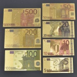 Euro - lote com réplicas de cedulas em papel  cartão dourado ouro (5 - 10 20 -50 - 100 - 200 - 500) -  Total 7 cedulas - Obs.: Meramente ilustrativo, tamanho original .
