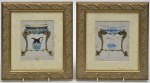 Par d aquarelas  "Salle de Bain", para ambiente de toillette. Molduras com entalhes dourados em padrão vegetal. No estado, com pequenas manchas. (23X25)