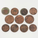 NUMISMÁTICA, Portuguesa, onze (11) antigas moedas em cobre do século XIX, modelos e valores variados,todas circuladas, vide foto, CAÇA AO TESOURO.