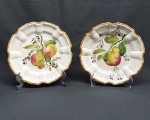 Dois pratos decorativos oitavados em porcelana branca, borda na cor mostarda, centro decorado com frutos e folhagem pintadas a mão. Pequenos lascados na borda. Diam. 22 cm.