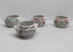 Quatro potes p/ sopa em porcelana branca, bojo decorado com ingredientes e receitas de sopas tradicionais. Med. 7,5 x 15 cm.