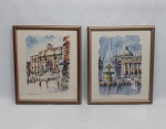 Duas reproduções de aquarelas coloridas, representando pontos turísticos da cidade de Roma. "Fontana di Trevi" e "San Pietro". Moldura em metal bronzeado e vidro. Med. 36 x 31 cm.