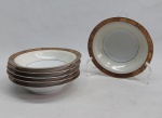 NORITAKE - Seis bowls em porcelana japonesa decorada com faixa creme, borda em ouro brunhido e canetado em preto com flores e folhagens. Marca da Manufatura no fundo. Diam. 14cm.