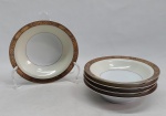 NORITAKE - Cinco bowls em porcelana japonesa decorada com faixa creme, borda em ouro brunhido e canetado em preto com flores e folhagens. Marca da Manufatura no fundo. Diam. 14cm.
