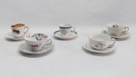 Cinco xícaras e pires p/ café em porcelana. Diversos modelos e decorações. Uma marcada KPM - POLAND.