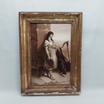 "Jovem com tamborim" Pintura sobre placa de porcelana reproduzindo obra de Wilhelm Kray. 44 x 29cm. Moldura no estado 58 x 43cm.