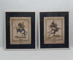 Duas gravuras coloridas: "CARABINIER 1814" e "CHASSER DE LA GARDE IMPERIALE". Molduras em madeira e vidro. Med. total 45 x 37 cm.