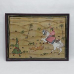 "Caçada ao tigre" pintura sobre tecido colado em eucatex, 38 x 51cm. Moldura envidraçada.