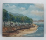 ALAN CARLSON (Rio de Janeiro, RJ 1950) "Paisagem com marinha" óleo sobre eucatex, 57 x 69cm. Assinado e datado no verso 1973. Sem moldura.