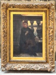 Karl BEHM (Güstrow, Alemanha 1858 - Munique, Alemanha 1905) "Jovem com lenço vermelho" óleo sobre tela, 60 x 43cm. Assinado, localizado München e datado 1889. Moldura de época em madeira e gesso 94 x 76cm.