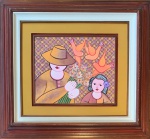 Adelson do Prado (Rio de Janeiro, 1940  2004)Vendedor de Flores, 1994. Óleo sobre tela, 38  46 cm. Medidas totais com moldura: 79  87 cm.Assinada no canto superior esquerdo e no verso, datada e titulada.Obra de cores vivas e composição geométrica, típica da fase madura do artista, em que figuras femininas e cenas de delicadeza cotidiana são retratadas com linhas simples e simbologia ingênua. O padrão ornamental ao fundo e os pássaros laranja em voo equilibram a paleta quente, característica do lirismo figurativo de Adelson.Adelson do Prado (Rio de Janeiro, 1940  2004) foi pintor autodidata, vinculado ao movimento de arte naïf brasileira. Desenvolveu um estilo imediatamente reconhecível pela pureza cromática, temas religiosos e cenas rurais. Expôs individualmente e em coletivas no Brasil e no exterior, figurando em acervos como o do Museu Internacional de Arte Naïf (MIAN-RJ) e em diversas coleções particulares.