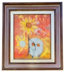 José de Dome (Estância SE em 1921 e falecido em Cabo Frio (RJ) em 1982). Girassol e Coruja, 1969Óleo sobre telaAssinada e datada no canto inferior direito: José de Dome / Cabo Frio, 2-2-69Verso com inscrição de punho do artista, repetindo o título e local/data.Medidas da tela: 55 x 46 cmMedidas totais (com moldura): 82 x 73 cmA obra revela a fase madura de José de Dome, conhecida pela vibração cromática e espiritualidade simbólica. O artista utiliza o amarelo e o laranja  cores que ele mesmo definia como tons de iluminação interior  para representar uma cena alegórica em que a coruja, figura recorrente em sua iconografia, surge como emblema de sabedoria e silêncio diante da energia solar dos girassóis. O tratamento matérico da superfície e a pincelada expressiva reforçam a dimensão mística do conjunto, marcando a síntese entre forma e cor típica do expressionismo lírico de Dome.* Nota sobre o artista. José de Dome foi um pintor sergipano renomado, nascido em Estância em 1921 e falecido em Cabo Frio (RJ) em 1982. Conhecido por sua arte direta e expressiva, capturou a paisagem urbana de Salvador, além de crianças, animais e cenas do cotidiano. Antes de se dedicar à pintura, teve uma vida de trabalhos manuais e avulsos, migrando para Salvador após a morte da mãe em 1939. Sua carreira deslanchou com exposições em Salvador e depois no Rio de Janeiro, consolidando-se internacionalmente com mais de cem exposições no Brasil e no exterior.