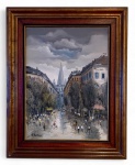 QUADRO OST assinado no CIE, S. Pinto. Sílvio Pinto da Silva (à época Sylvio Pinto; Rio de Janeiro, 17 de março de 1918  Rio de Janeiro, 3 de abril de 1997) foi um pintor, cenarista e professor brasileiro. No quadro ofertado em nosso leilão o artista retratou uma cena urbana de Paris, em 1954 (data no verso da tela). Medidas da tela: 74 x 55 cm  e 97 x 78 cm com moldura. Assinada no canto inferior esquerdo: S. Pinto; no verso, inscrição manuscrita: Paris  1954 / Sylvio Pinto / S. Pinto.Composição representando boulevard parisiense sob céu carregado, com edifícios simétricos e perspectiva central dominada por agulha neogótica. A cena, animada por figuras em movimento e reflexos sobre o chão úmido, revela a paleta cinza-azulada e o traço ágil característicos da fase francesa do artista.Sylvio Pinto foi pintor, desenhista e ilustrador, ligado à Escola de Paris e ao modernismo brasileiro. Suas paisagens urbanas de atmosfera melancólica e vibrante figuram em importantes coleções públicas e privadas.