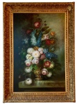 QUADRO OST assinado no CID, J. L. Jensen (Johan Laurentz Jensen 18001856, dinamarquês) * Atribuído. Natureza-morta com flores em vaso sobre tampo de mármoreÓleo sobre tela, assinado no canto inferior direito J. L. Jensen (atribuição pendente).Medidas da tela: 91  61 cm.Medidas totais com moldura entalhada e dourada: 110  80 cm.Obra apresenta reentelamento antigo, mantendo boa estabilidade de superfície e craquelure compatível com o período.Composição de elaborada profusão floral, em ambiente sombrio e fundo neutro, iluminando-se no contraste entre vermelhos, brancos e azuis. O tratamento das pétalas, o brilho acetinado das folhas e o uso de reflexos dourados na cerâmica remetem à tradição flamenga de pintura de flores do século XIX, com ecos tardios da estética de Jan van Huysum e Rachel Ruysch.O quadro apresenta pinceladas precisas e detalhamento característico da escola nórdica; moldura de época, em madeira lavrada e douração a ouro falso (estilo francês).Nota do editor: Johan Laurentz Jensen foi o mais celebrado pintor dinamarquês de naturezas-mortas florais do séc. XIX. A bibliografia e bases referenciais disponíveis em sites específicos, Wikipedia bem como catálogos da casa de leilões, Christies, confirmam o uso da assinatura J.L. Jensen, fina e inclinada que aparece aqui atribuído ao trabalho apresentado. As obras pesquisadas em livros e sites de internet conversam bem com esta obra, mas não há como afirmar sua autenticidade sem uma expertise de autoridade na obra do artista e período que representa. Outro ponto de atenção é a plena visibilidade da assinatura em tom avermelhado, o que pode corresponder a uma intervenção tardia.