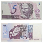 Cédula de 5 reais de 1994 (feita na Alemanha - GDE), Chancelas: Fernando H. Cardoso/Pedro S. Malan (AB), C 269, FE