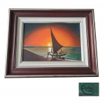 RDY - Óleo sobre Tela, acid, representando jangada ao por do sol, verso com etiqueta de participação na Exposição Fim de semana em Campo São Bento, 45 x 32 e 66 x 53 cm.