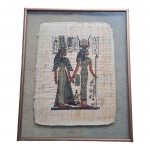 Papiro  com desenho egípcio acomodado em moldura  de vidro sanduiche,  46 x 57 cm.
