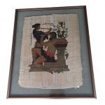 Papiro  com desenho egípcio acomodado em moldura  de vidro sanduiche,  46 x 57 cm.