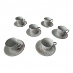 Seis xícaras para café em porcelana Schmidt policromadas, e  bordas prateadas, 5 x 5,5 cm