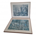 Par de gravuras emolduradas representando pontos  parisienses, Montmartre e Ponte Alexandre III. 45 x 37 cm.