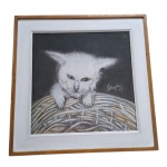 ALAYDE - Crayon sobre cartão representando gatinho assinado e  datado ao centro, 79 - 52 x 52 cm.