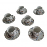 Seis xícaras para café em porcelana decoradas em policromia com desenhos alusivos ao café, Alt. 6, Diam. 5 cm.