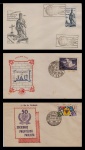 FDC: BRASIL – 1953/1964/1969 (TEMÁTICA: ESCULTOR/FUNDAÇÃO DE CIDADE/SELO SOBRE SELO). 3 FDC PARTICULAR COM CARIMBO COMEMORATIVO E OU DE PRIMEIRO DIA DE CIRCULAÇÃO.