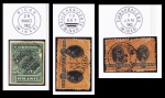 SELO: BRASIL REPÚBLICA – 1894. MADRUGADA REPUBLICANA. RHM: 85-C. 200 RÉIS (PAR HORIZONTAL). USADO. CARIMBO: BELLO HORIZONTE. DATADO (13.09), NA COR PRETA. SELO: BRASIL REPÚBLICA – 1894. MADRUGADA REPUBLICANA. RHM: 85-aM. 200 RÉIS (PAR HORIZONTAL). USADO. CARIMBO: C. DE BARBACENA. DATADO (07.01.1900), NA COR PRETA. 1898. JORNAL SOBRETAXADO. RHM: 120. 700/500 RÉIS. USADO. CARIMBO: BICAS (MINAS). DATADO (26.05.1902), NA COR PRETA.