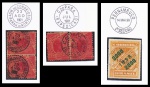 SELO: BRASIL (REPÚBLICA) – 1900. MADRUGADA REPUBLICANA. RHM: 96. 100 RÉIS (PAR HORIZONTAL). USADO. CARIMBO: C. DO PARA (EXPEDIÇÃO). DATADO (05.07.1901). NA COR PRETA. 1900. MADRUGADA REPUBLICANA. RHM: 96. 100 RÉIS (PAR HORIZONTAL). USADO. CARIMBO: ADM. DOS CORREIOS (PARAH. DO NORTE). DATADO (23.08.1901). NA COR PRETA. 1898. JORNAL SOBRETAXADO. RHM: 123. 2000/1000. USADO. CARIMBO: PERNAMBUCO 2ª SECÇÃO. DATADO (14.05.1899). NA COR PRETA.
