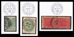 SELO: BRASIL (REPÚBLICA) – 1894. CRUZEIRO DO SUL. RHM: 70-A. 20 RÉIS. USADO. CARIMBO: S. SEBASTIÃO DOPARAIZO (MINAS). DATADO (16.05.1895). NA COR PRETA. 1900. MADRUGADA REPUBLICANA. RHM: 95. 100 RÉIS (PAR VERTICAL). USADO. CARIMBO: TOMBO DE CARANGOLA. DATADO (13.03.1900). NA COR PRETA. 1900. MADRUGADA REPUBLICANA. RHM: 101. 50 RÉIS. USADO. CARIMBO: TOMBO DE CARANGOLA. DATADO (28.03.1904), NA COR PRETA.