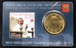 CARTÃO OFICIAL DO VATICANO COM MOEDA (EURO) E SELO COMEMORATIVO AO CENTENÁRIO DO PAPA JOÃO PAULO I, ANO 2012.