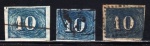 SELO: BRASIL (IMPÉRIO)  1854/1861 (NUMERAIS  COLORIDOS). RHM: 19 (AZUL CLARO), 19-A1 (AZUL ESCURO) E 19-A2 (AZUL AÇO). 10 RÉIS. USADO. VL. CAT. 220 U.F.