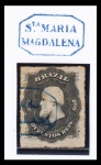 SELO: BRASIL – 1876 (IMPÉRIO) D. PEDRO II (PERCÉ). RHM: 35. 200 RÉIS. USADO. CARIMBO: P.A. 1471 – STA. MARIA MAGDALENA-RJ, NA COR AZUL.